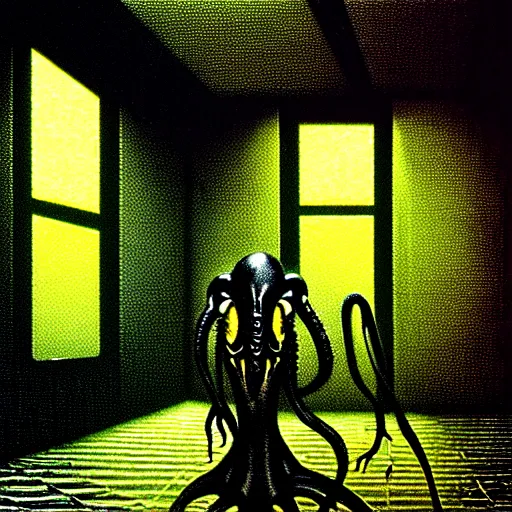 Image similar to black glossy xenomorph, alien movie, endless abandoned office cubicles, pale yellow wallpaper, moist brown carpet, dim fluorescent lighting, artstation, ultra detailed, creepy, dramatic lighting, photorealistic, art by h. r. giger and chris foss and beksinski carl spitzweg. baroque elements. baroque element. intricate artwork by caravaggio.