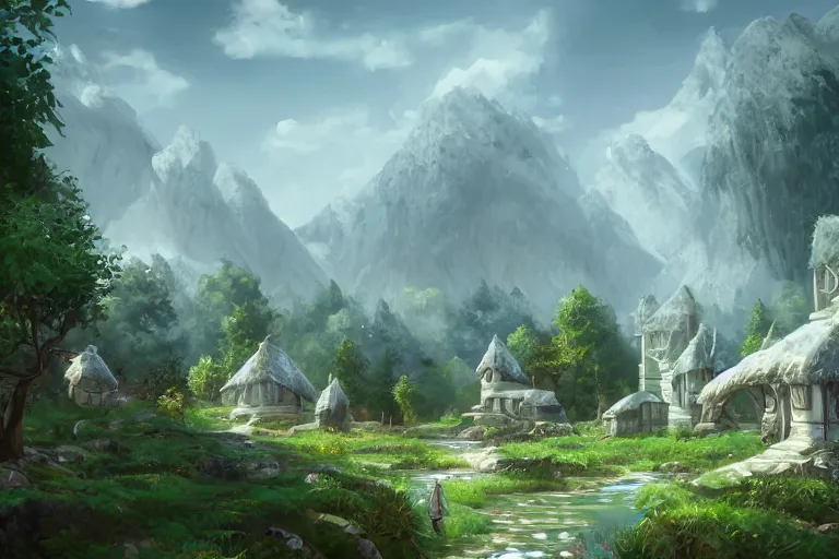 Prompt: A small elven village with white rectangular architecture in an open field, a winding white pathwalk and a small brook running through, clear blue skies in the background, by Sylvain Sarrailh and Samantha Kung, D&D, high fantasy, 8k photorealistic, cinematic lighting, HD, high details, concept art, trending on artstation