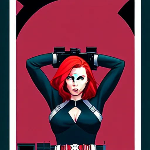 Image similar to phil noto comicbook cover art, black widow marvel, symmetrical eyes, long red hair, full body, city rooftop