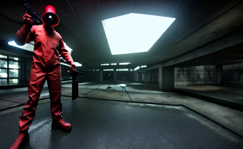 Prompt: in-game screenshot of a dark red hazmat scientist holding a gun walking on unreal engine 5, in a liminal underground garden, photorealistic, retrofuturism, brutalism, staggered terraces, minimalist