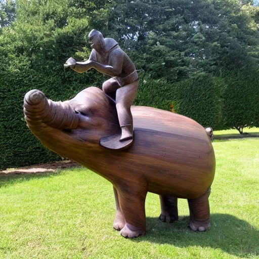 Prompt: a wooden sculpture of a man riding a pig / elephant