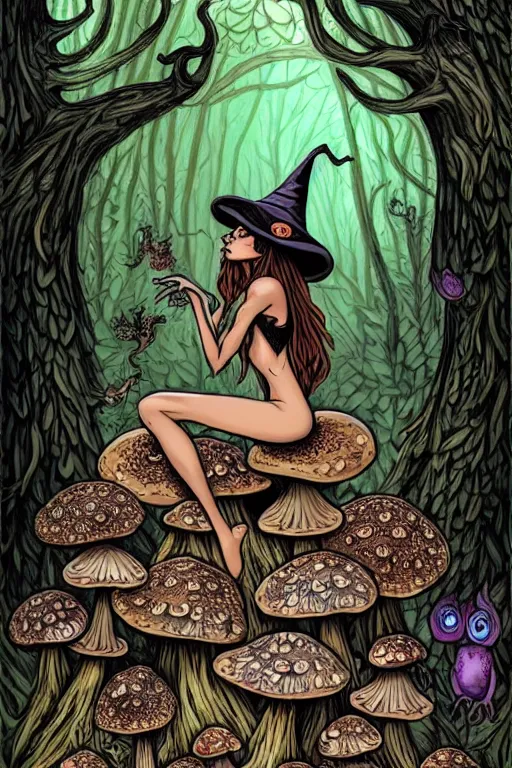 Prompt: a beautiful witch sitting on a toadstool in a forest, skulls and mushrooms, fantasy graphic novel style, by wendy pini, intricate, very fine inking lines, extremely detailed, 4k, hd