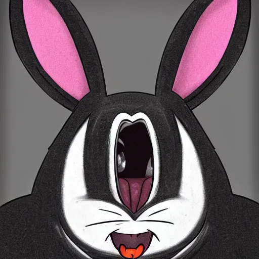 Image similar to A extremely highly detailed majestic hi-res beautiful, highly detailed head and shoulders portrait of a scary terrifying, horrifying, creepy black cartoon rabbit with scary big eyes, earing a shirt laughing, hey buddy, let's be friends, in the style of Walt Disney