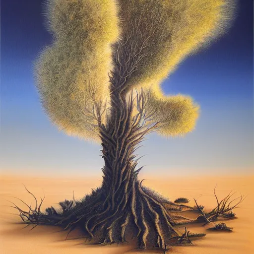 Image similar to a painting of a tree in the desert, a striking airbrush painting by breyten breytenbach, cgsociety, neo - primitivism, airbrush art, dystopian art, apocalypse landscape