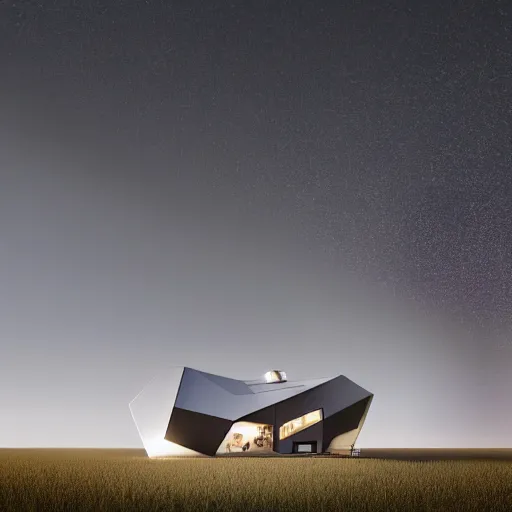 Image similar to a futuristic medium-sized home in the middle of an empty field, hyper-realistic, 4K resolution, dark cinematic, hyperrealism, volumetric lighting, ultra-detailed