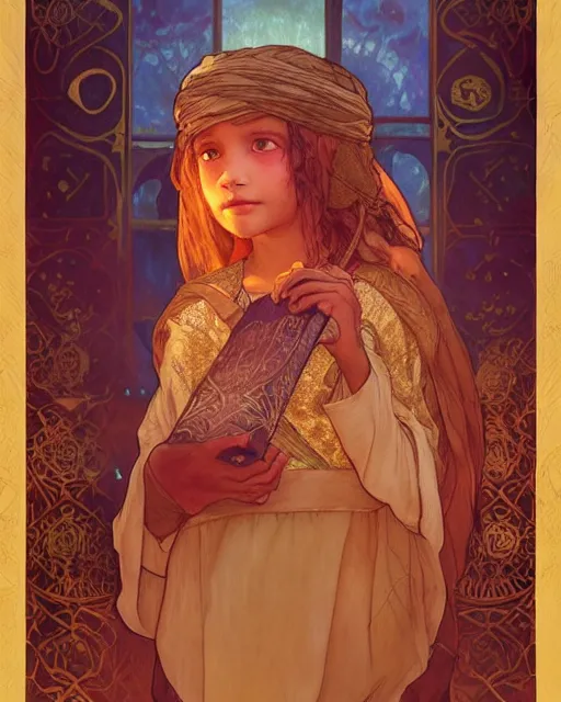 Image similar to a bedouin child infront of an big open quran highly detailed, gold filigree, romantic storybook fantasy, soft cinematic lighting, award, disney concept art watercolor illustration by mandy jurgens and alphonse mucha and alena aenami, pastel color palette, featured on artstation