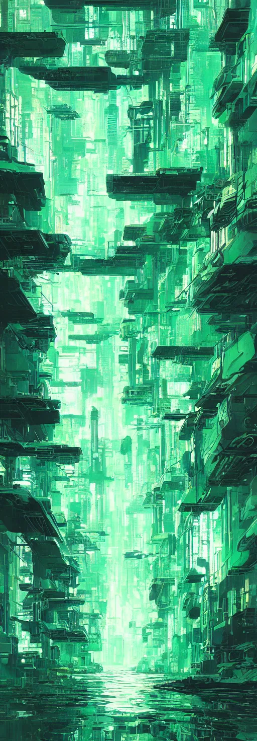 Image similar to reflective waves, cyberpunk texture, green coloring, by studio ghibli and greg rutkowski