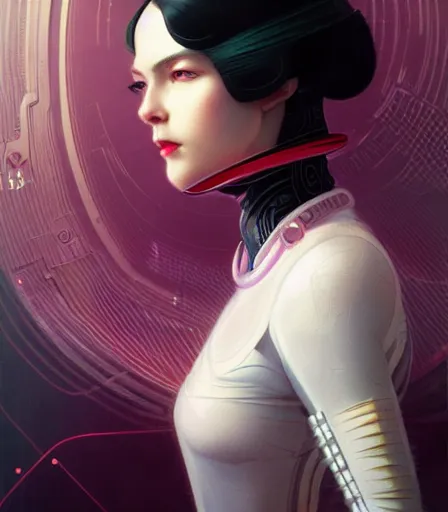 Image similar to portrait of a cyberpunk art deco woman who looks like Nezuko sci-fi, fantasy, intricate, elegant, highly detailed, digital painting, artstation, smooth, sharp focus, illustration, art by artgerm and greg rutkowski and alphonse mucha