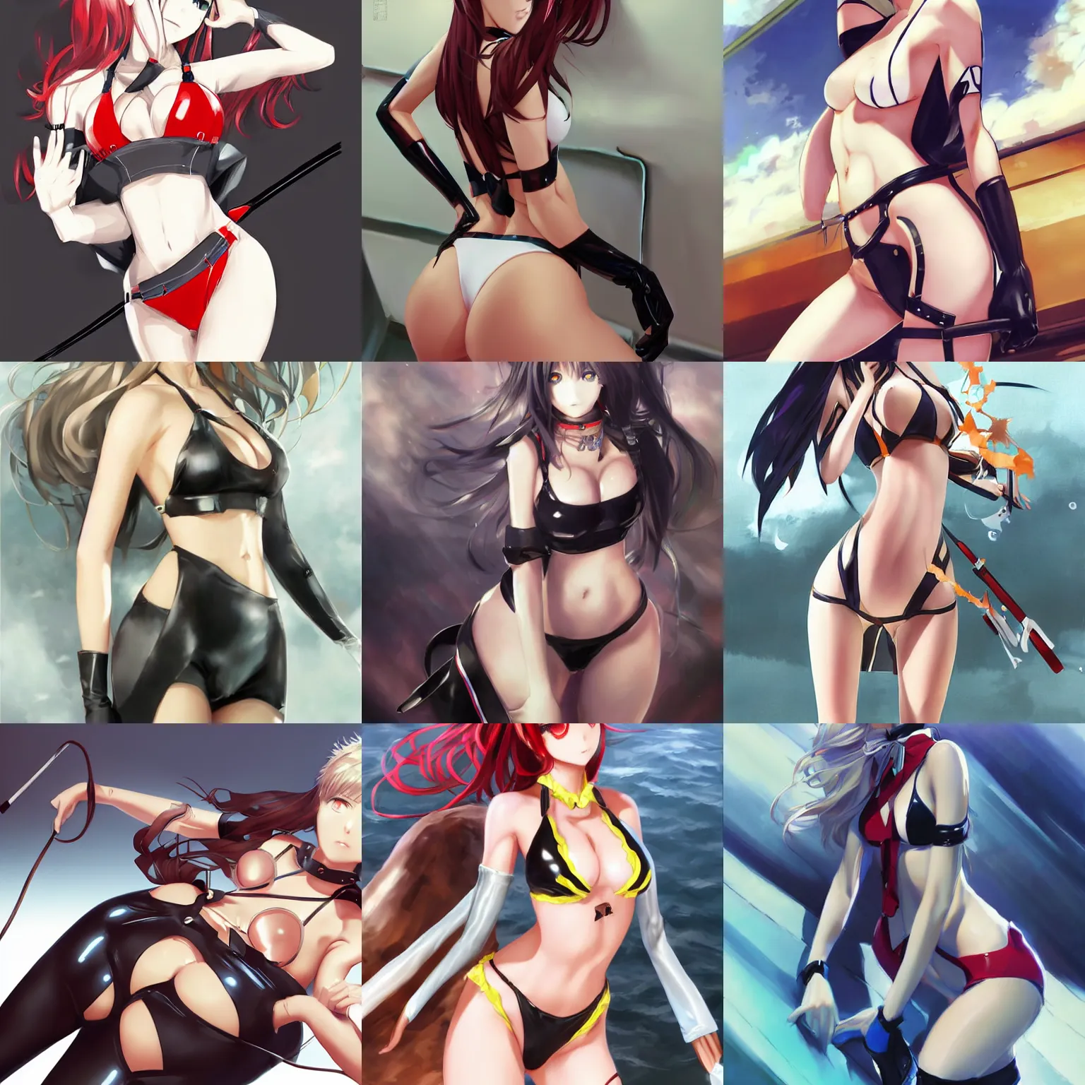 Prompt: worksafe, clothed. a perfect digital artwork at pixiv, by yusuke kozaki, krenz cushart and shigeki maeshima, of a girl wearing latex bikini.