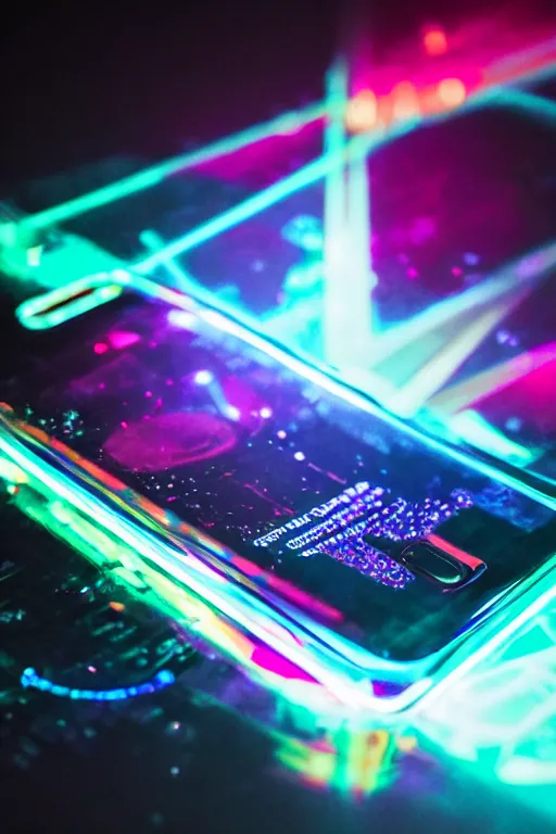 Prompt: a close up of a cell phone hologram, unsplash, holography, neon iridescence, radiant light, glowing neon, luminescence, volumetric lighting, highly detailed, cinematic lighting, cedric peyravernay maciej kuciara, dramatic lighting, medium shot, ground angle, uhd 8 k, shallow depth of field