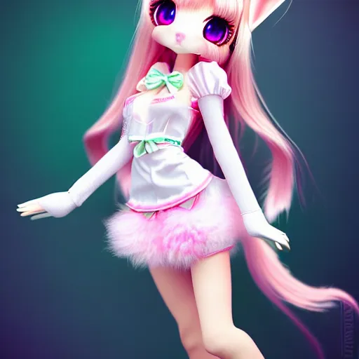 Prompt: ultrarealistic sweet bunny girl, intricate details, green eyes, 8K, long hair, fluffy, pink, lollipop, high octane