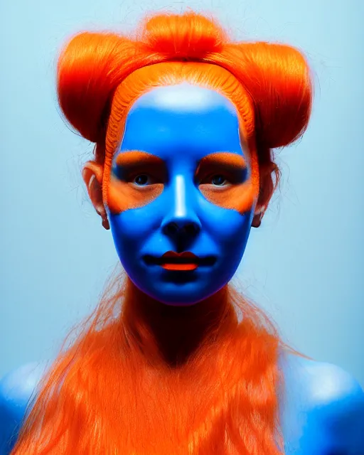 Prompt: symmetrical close - up portrait of a woman wearing a orange silicone beauty mask and blue hair braids, wearing a black bodysuit by alexander mcqueen, blue background, soft diffused light, biotechnology, humanoide robot, bjork aesthetic, translucent, by rineke dijkstra, intricate details, highly detailed, masterpiece,