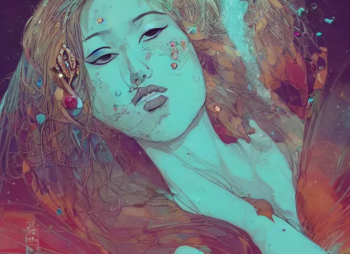 Image similar to lee jin - eun in luxurious dress emerging from turquoise water in egyptian pyramid city during an eclipse by james jean, conrad roset, m. k. kaluta, martine johanna, rule of thirds, elegant look, beautiful, chic, face anatomy, cute complexion