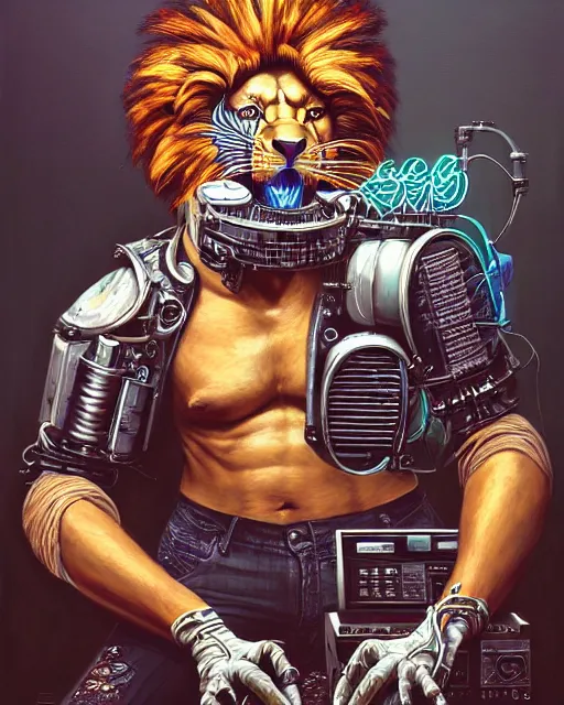 Prompt: a portrait of an anthropomorphic cyberpunk lion playing congas by sandra chevrier, by jon foster, detailed render, tape deck, epic composition, cybernetics, 4 k realistic, cryengine, realistic shaded lighting, sharp focus, masterpiece, by enki bilal