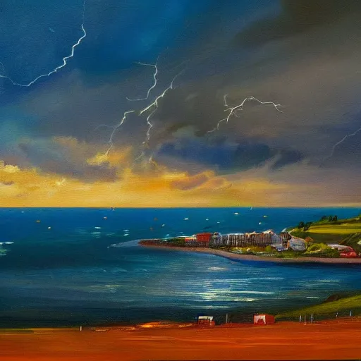 Image similar to a painting of a landscape panorama of a cozy seaside village with a menacing lightning storm on the ocean horizon, vivid colors, by anthony micallef by camille rose garcia,