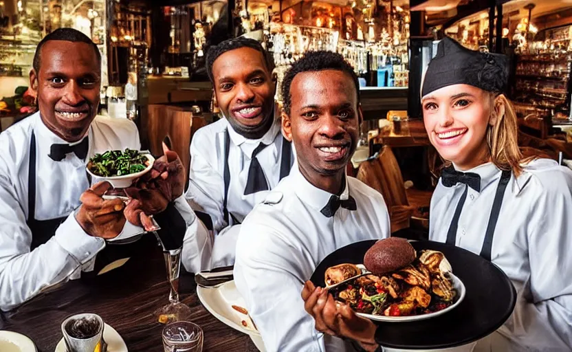 Prompt: “greedy waiters forcing you to tip, 4k, award winning, highly detailed faces”