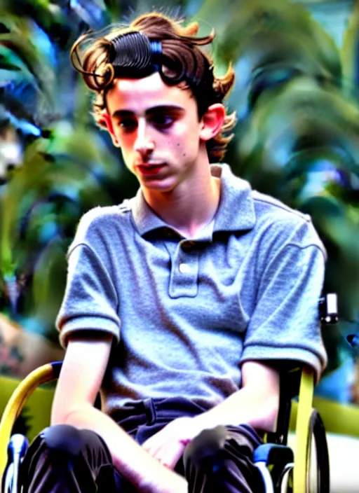 Image similar to timothee chalamet smoking a blunt sitting in a wheel chair, photo, realistic