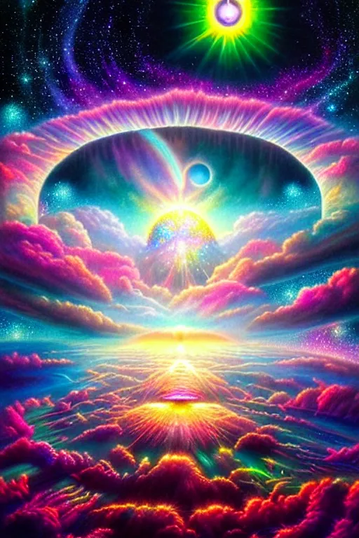 Prompt: a photorealistic detailed image of a beautiful vibrant iridescent celestial space skies opening a portal to another dimension, spiritual science, utopian, by david a. hardy, hana yata, kinkade, lisa frank, hyper detailed, 4 k, 8 k