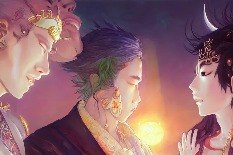 Image similar to close up moment of a divine a japan sun god and a moon goddess lovers magician at a wedding banquet, highly detailed, d & d, fantasy, 4 k realistic, digital painting, trending on artstation, concept art, sharp focus, illustration, art by makoto shinkai and akihiko yoshida and daniel gerhartz