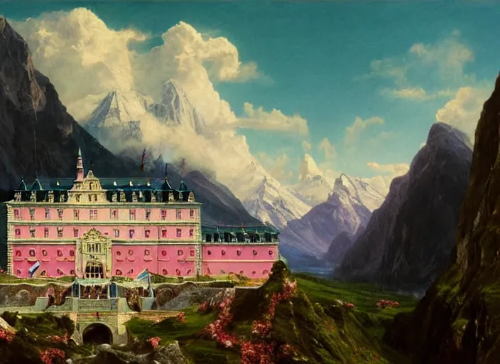 Image similar to painting of the grand budapest hotel in front of beautiful mountains by thomas cole