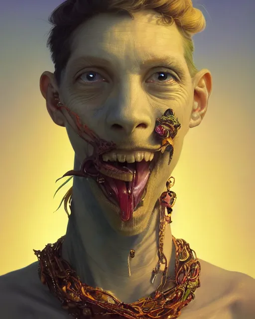 Image similar to highly detailed surreal vfx portrait of a lizard person with a necklace, wearing a toga, stephen bliss, unreal engine, greg rutkowski, loish, rhads, beeple, makoto shinkai and lois van baarle, ilya kuvshinov, rossdraws, tom bagshaw, alphonse mucha, global illumination, detailed and intricate environment