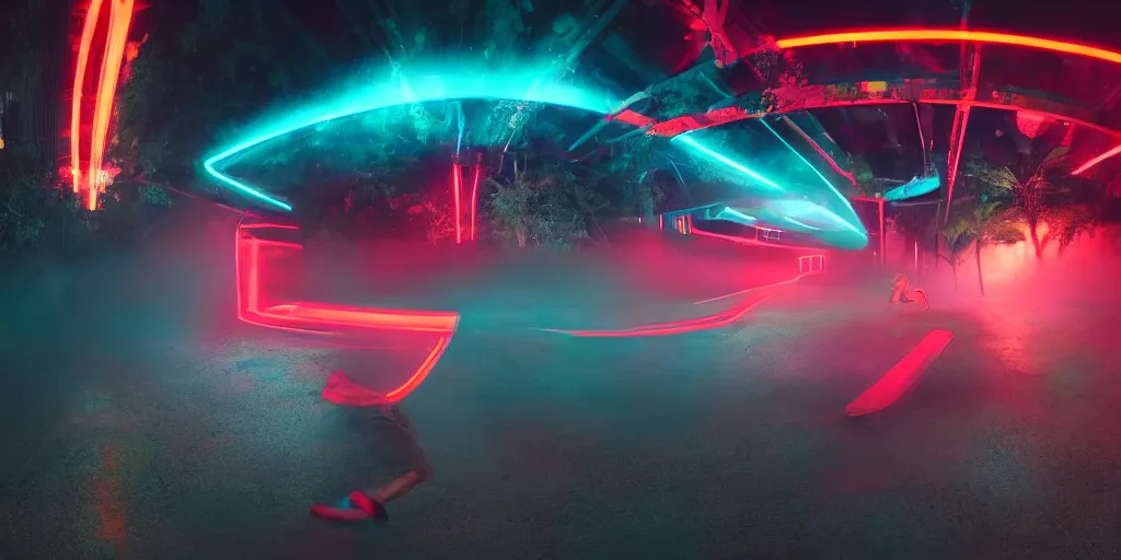 Image similar to slow motion with trail effect of futuristic break dancer made by liquid, long exposure shot , at night there is fog and a giant red neon triangle emitting energy, paddle of water, steam, water splashes, rim lights, glossy reflections, water droplets on lens, octane render, detailed and soft, 10mm fisheye