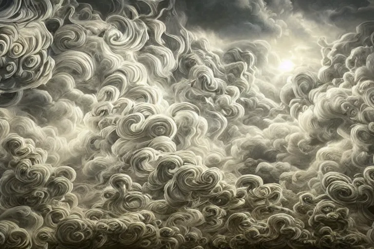 Image similar to a huge flock of many elaborate intricate smooth sculptural whirling elegant clouds puffy filigreed twisting turning cloud sculptures, tornadoes, art nouveau military environment, soothing, crepuscular, award winning art, epic dreamlike fantasy landscape, ultra realistic,