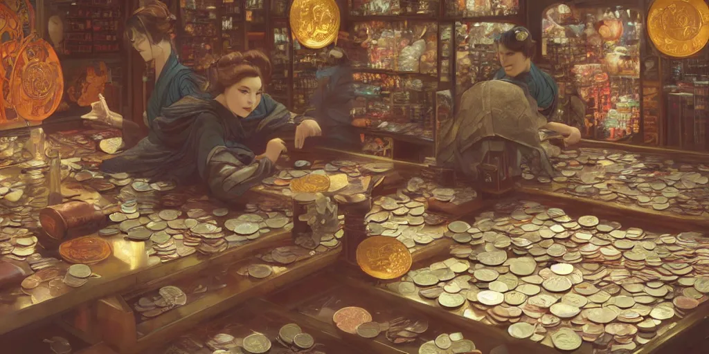 Image similar to modern coin shop with a lot of coins, 4 k, eastern tyle, geishas, octane, digital painting, artstation, concept art, sharp focus, illustration, art by artgerm and greg rutkowski and alphonse mucha