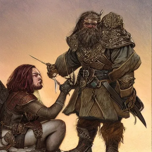 Prompt: a dwarf paladin comforting an elven female ranger. Grimdark fantasy art by Gerald Brom