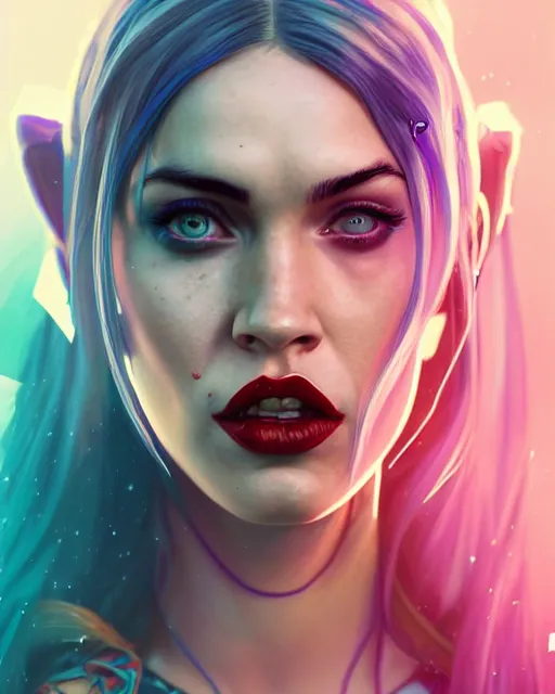 Image similar to highly detailed vfx portrait of megan fox as harley quinn, stephen bliss, unreal engine, greg rutkowski, loish, rhads, beeple, makoto shinkai and lois van baarle, ilya kuvshinov, rossdraws, tom bagshaw, alphonse mucha, global illumination, detailed and intricate environment