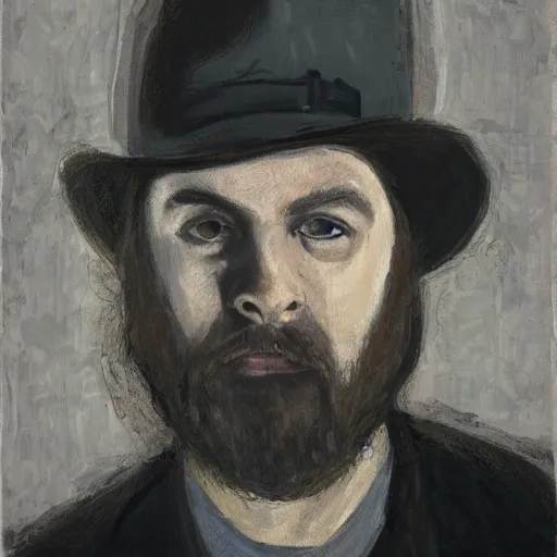 Prompt: a highly detailed portrait of a gross neckbeard man wearing a fedora in a dark basement illuminated by a computer screen, 8 k, 4 k, oil on canvas