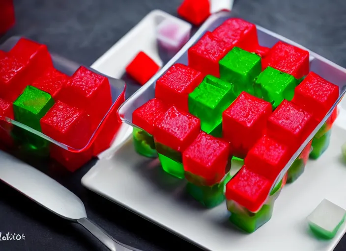 Prompt: dslr food photograph of a jello mold filled with cubes of beef, 8 5 mm f 1. 8