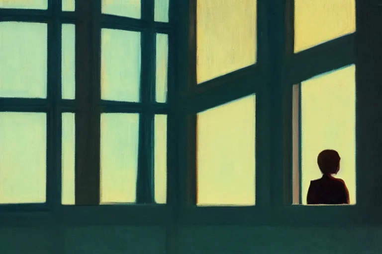 Prompt: looking out the window of a lonely apartment, evening light, in the style of Edward Hopper