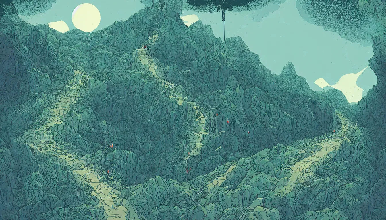 Prompt: hiking path by Kilian Eng, minimalist, detailed