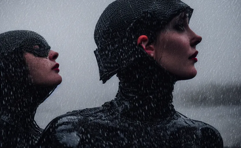 Prompt: cinestill 5 0 d candid photographic portrait by christopher nolan of two loving female androids wearing rugged black mesh techwear in treacherous waters, extreme closeup, modern cyberpunk moody emotional cinematic, pouring rain, 8 k, hd, high resolution, 3 5 mm, f / 3 2, ultra realistic faces, ex machina