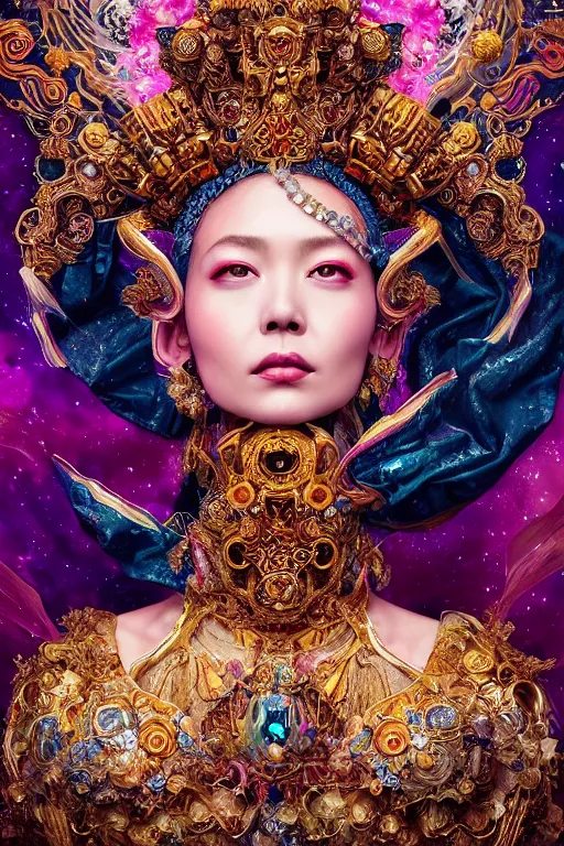 Image similar to a beautiful empress portrait, singular subject, with a brilliant, impossible striking big cosmic galaxy headpiece, clothes entirely made out of cosmos chaos energy, symmetrical, dramatic studio lighting, rococo, baroque, jewels, asian, hyperrealism, closeup, D&D, fantasy, intricate, elegant, highly detailed, digital painting, artstation, octane render, 8k, concept art, matte, sharp focus, illustration, art by Artgerm and Greg Rutkowski and Alphonse Mucha