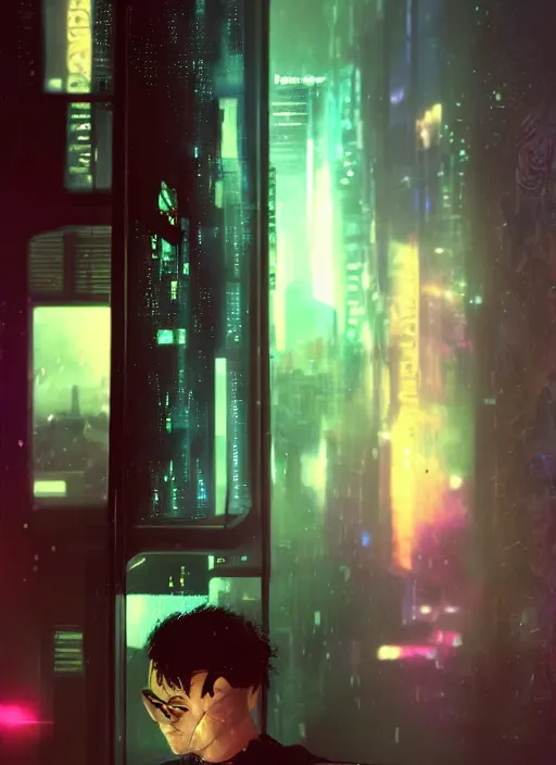 Image similar to one cyber godly person made of cosmic nebula galaxy energy watching a rainy colorful dark complex cyberpunk futuristic city from behind at night through a window in a room, reflections, high contrast, 8 k, photorealistic, concept art, wet, highly detailed, cinematic mood by ridley scott, ghost in the shell, trending on artstation, glowing lights, sharp focus, epic