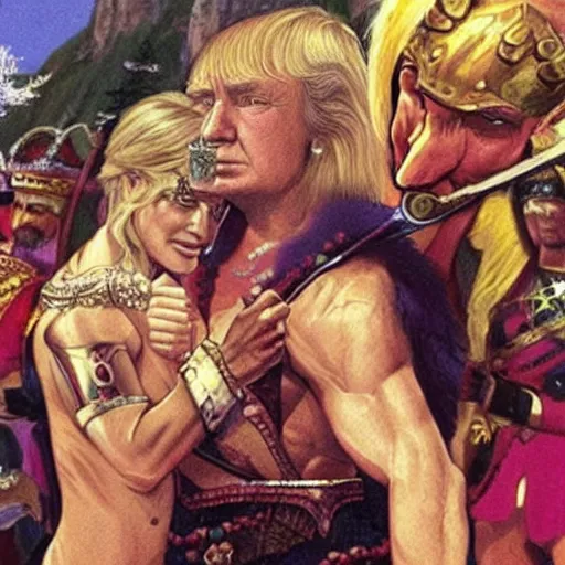 Image similar to vladimir putin as conan the barbarian holding donald trump as a princess wearing a pink dress. realistic.