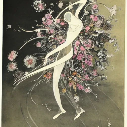 Image similar to Louis Icart, an old elaborate painting of an abstract robot tornado made entirely out of flowers, highly detailed, swirling, flowing, dancing, dreaming, masterpiece - H 1024