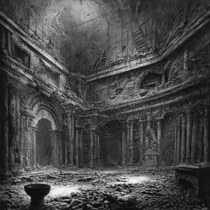 Image similar to piranesi's chamber, horror, dark, by piranesi and greg rutkowski, by zdzisław beksinski, hyper detailed, hd, 8 k