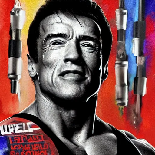 Image similar to Arnold Schwarzenegger and Sylvester Stallone in an UFC fight in octagon, artstation hall of fame gallery, editors choice, #1 digital painting of all time, most beautiful image ever created, emotionally evocative, greatest art ever made, lifetime achievement magnum opus masterpiece, the most amazing breathtaking image with the deepest message ever painted, a thing of beauty beyond imagination or words, 4k, highly detailed, cinematic lighting