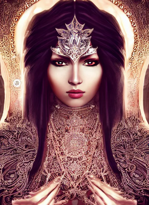 Image similar to beautiful full body concept art, photorealistic symmetrical beautiful face, symmetric eyes, female priestess with shiny hair wearing full intricate clothing, temple, godray, intricate lighting, micro detail, symmetric hands, cg society