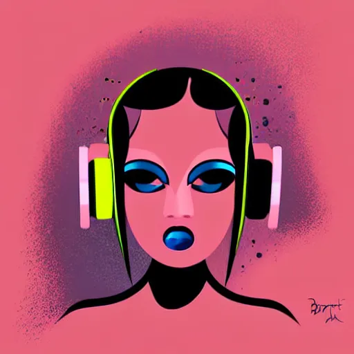 Prompt: vector style the abstract painting of an image of a lady DJ, playing live, artistic flat illustration, post apocalyptic, minimal figure art, soft colors mono chromatic, art in the style of Bryen Frost