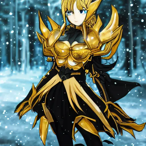 Image similar to focus face portrait of beautiful darkness knight 3D anime girl, golden armor wearing, dark forest background, snowing, bokeh, inspired by Masami Kurumada, digital painting, high contrast, unreal engine render, volumetric lighting, high détail