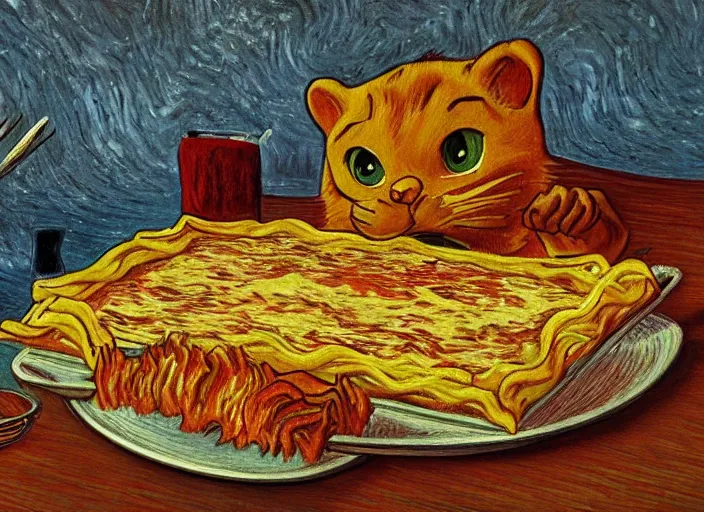 Image similar to detailed realistic realism painting of garfield eating lasagna at dusk, in the style of vincent van gogh and salvador dali and leonardo da vinci