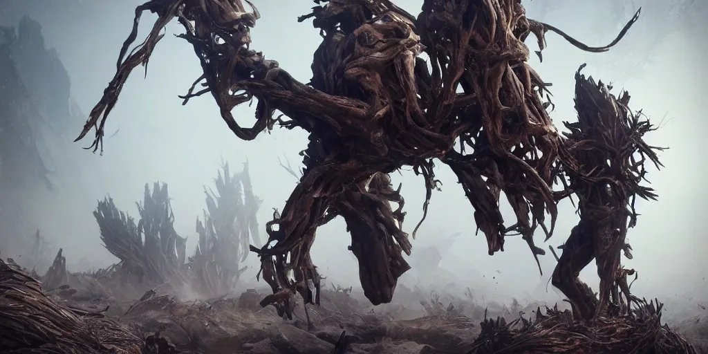 Image similar to a hunter in combat wooden exoskeleton with chrome details walks between the roots. hunting for monster. realism in style of fornite game. bio luminescent, plasma, ice, water, wind, creature, artwork by tooth wu and wlop and beeple and greg rutkowski, epic cinematic shot, perfectly defined features, ambient occlusion