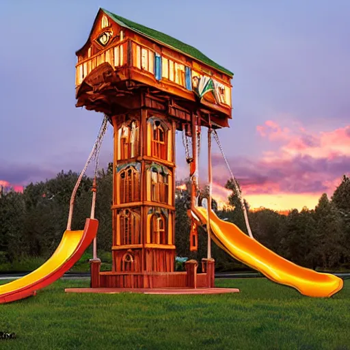 Prompt: enormous, never-ending wooden structure with slides, swings, and many-storied equipment at dusk by Thomas Kincade