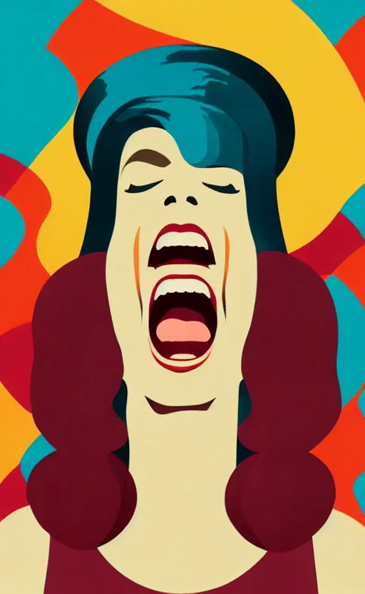 Image similar to illustration portrait of a woman laughing out loud, art deco painting by tom whalen, funny meme photo, trending on behance, digital illustration, storybook illustration, grainy texture, flat shading, vector art, airbrush, pastel, watercolor, poster