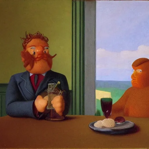 Prompt: a ginger-bread-man having a whiskey by Raphael, Hopper, and Rene Magritte. detailed, romantic, enchanting, trending on artstation.