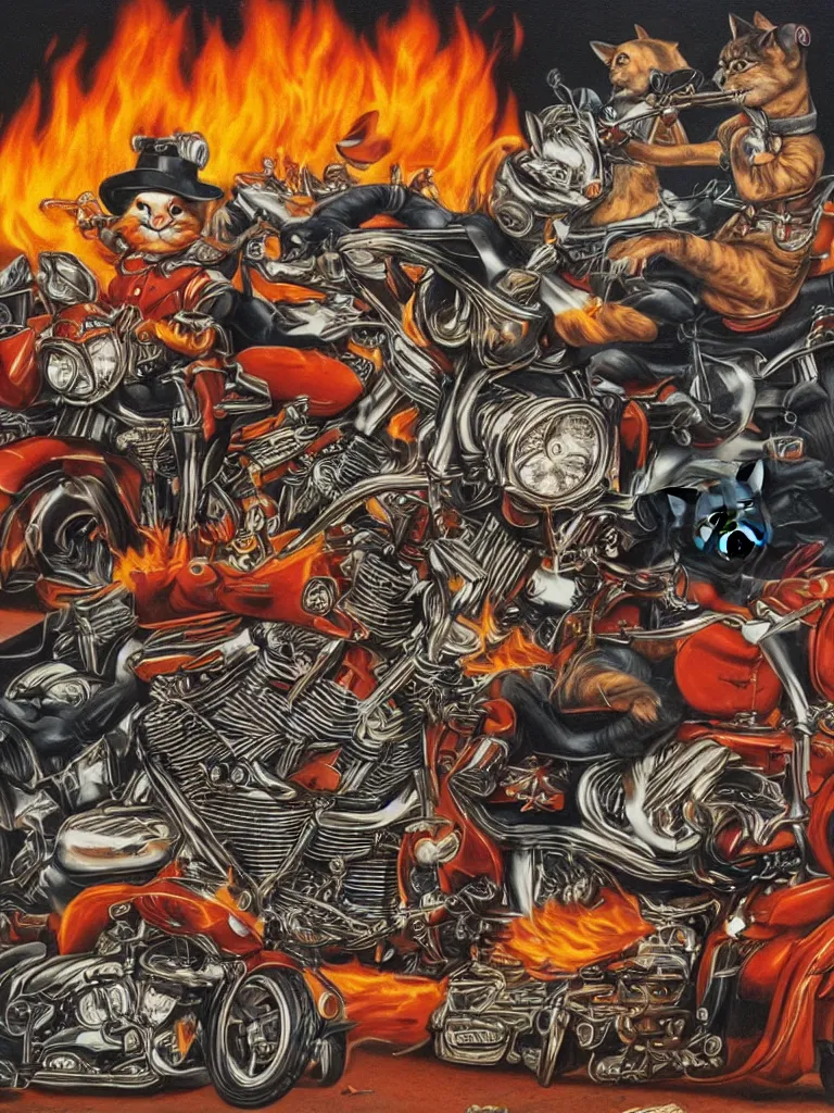 Image similar to a cat riding Harley Davidson on fire Mark Ryden and Alex Gross, Todd Schorr highly detailed